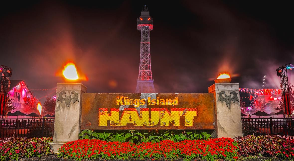 Kings Island Amusement Park's entrance decorated for Halloween Haunt