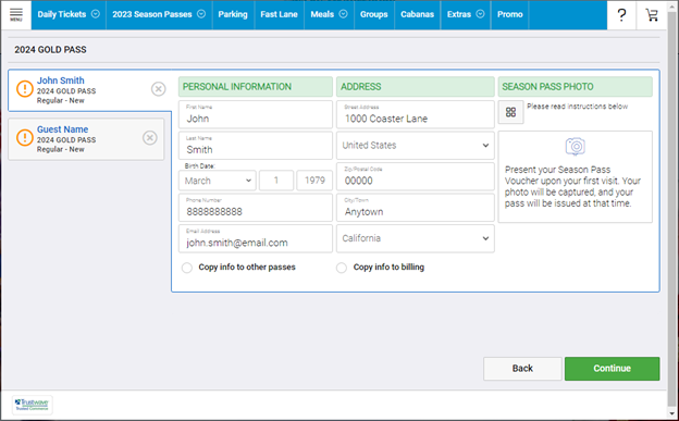 Season Pass Demographics Screen